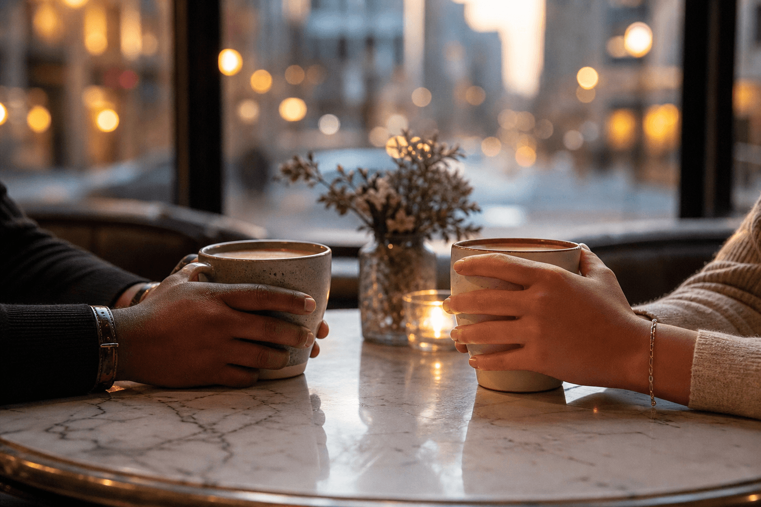 Hands holding coffee cups during an intimate conversation at a window table